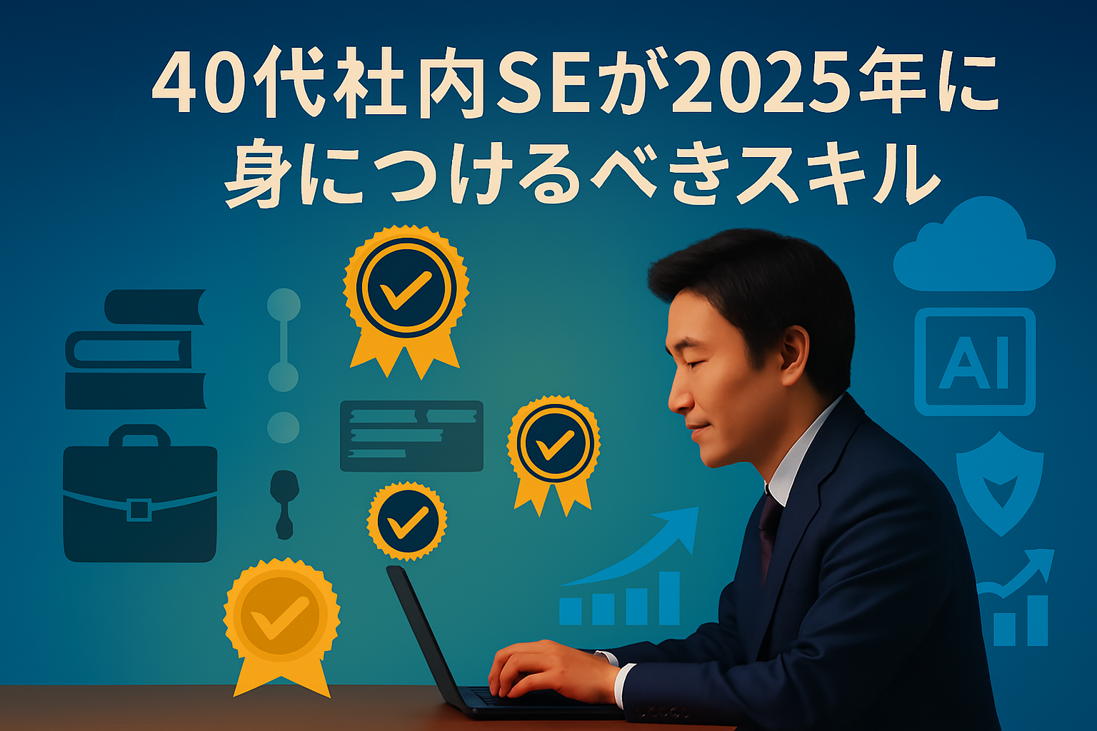 40代社内SEのスキル開発戦略を示すインフォグラフィック。2025年必須技術スキル、経験を活かした戦略的学習法、転職8回の実体験に基づくスキル向上ガイドを視覚的に表現