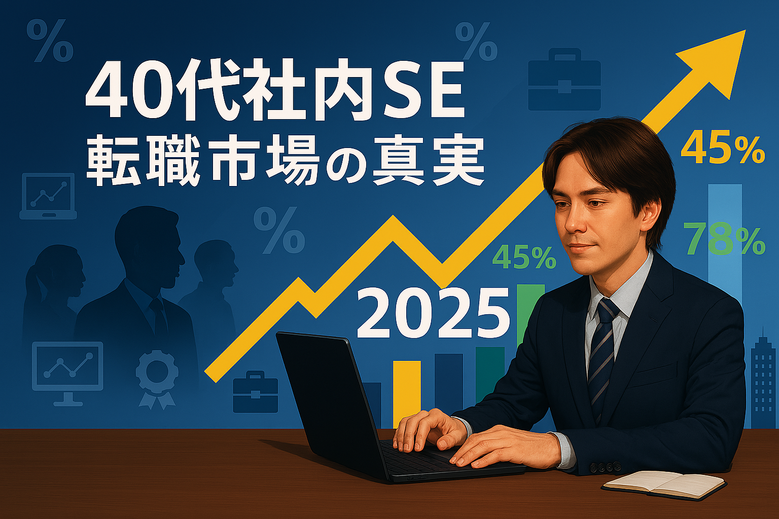 2025年の40代社内SE転職市場分析、需要急増と成功戦略を示すデータグラフとビジネスイメージ
