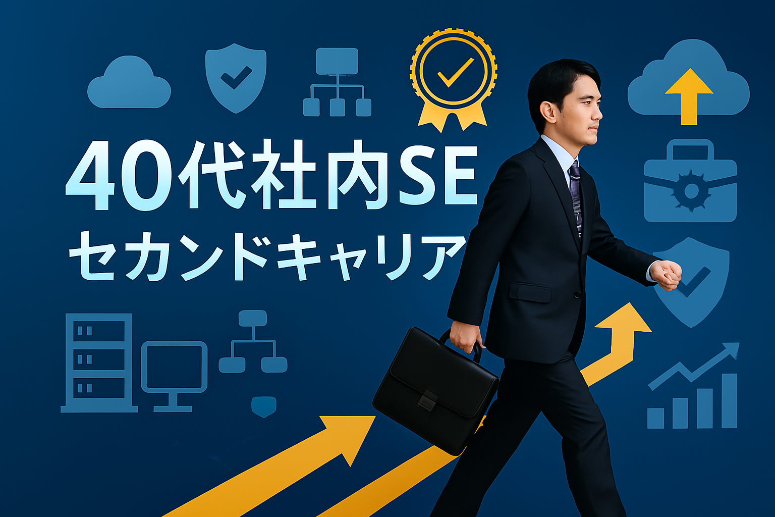 40代社内SEのセカンドキャリア戦略を示すインフォグラフィック。ITコンサル・クラウド専門家への転身パス、転職8回の実体験に基づくキャリア変革ガイドを視覚的に表現