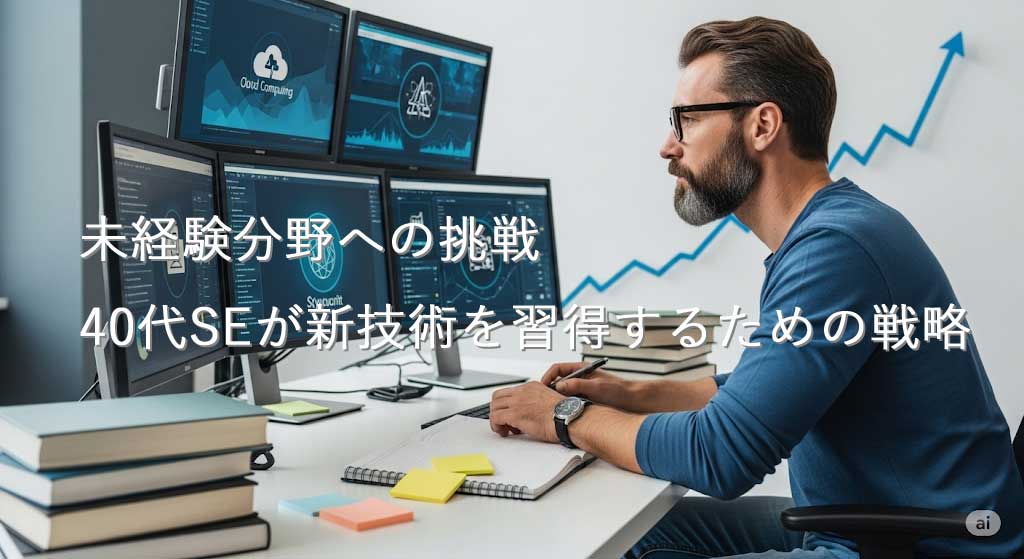 40代のシステムエンジニアが複数のモニターの前でAIやクラウドなどの新技術を熱心に学習している様子。背景にはスキルアップを示すグラフ。