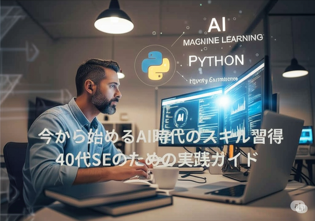 40代のシステムエンジニアがモダンなオフィスでAIやPythonを学習している様子