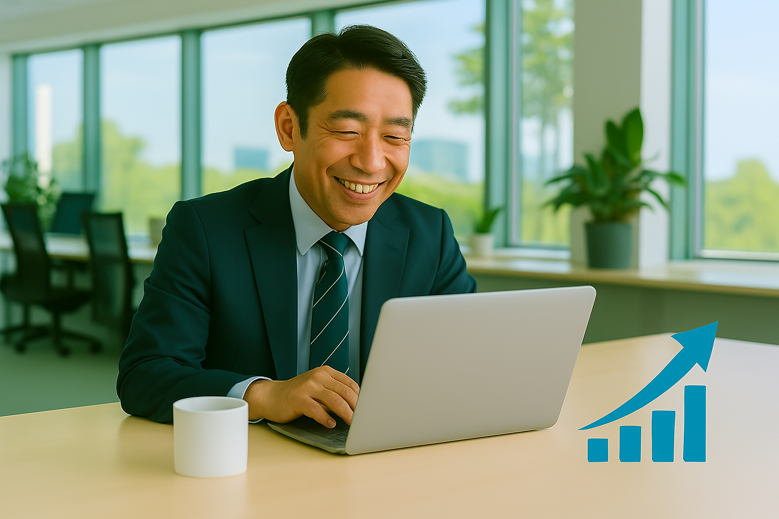 40代社内SEが理想的な働き方を実現し、オフィスで充実した表情で仕事をしている様子