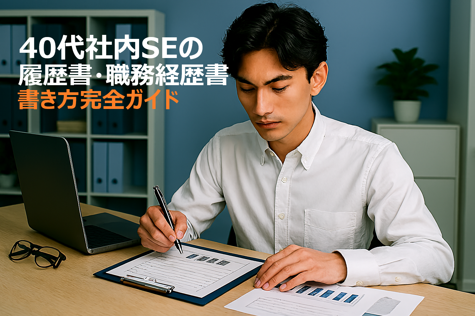 40代社内SE転職を成功させる履歴書・職務経歴書の書き方ガイドのアイキャッチ画像。スーツ姿の40代ビジネスマンがオフィスで履歴書と職務経歴書を作成している様子。