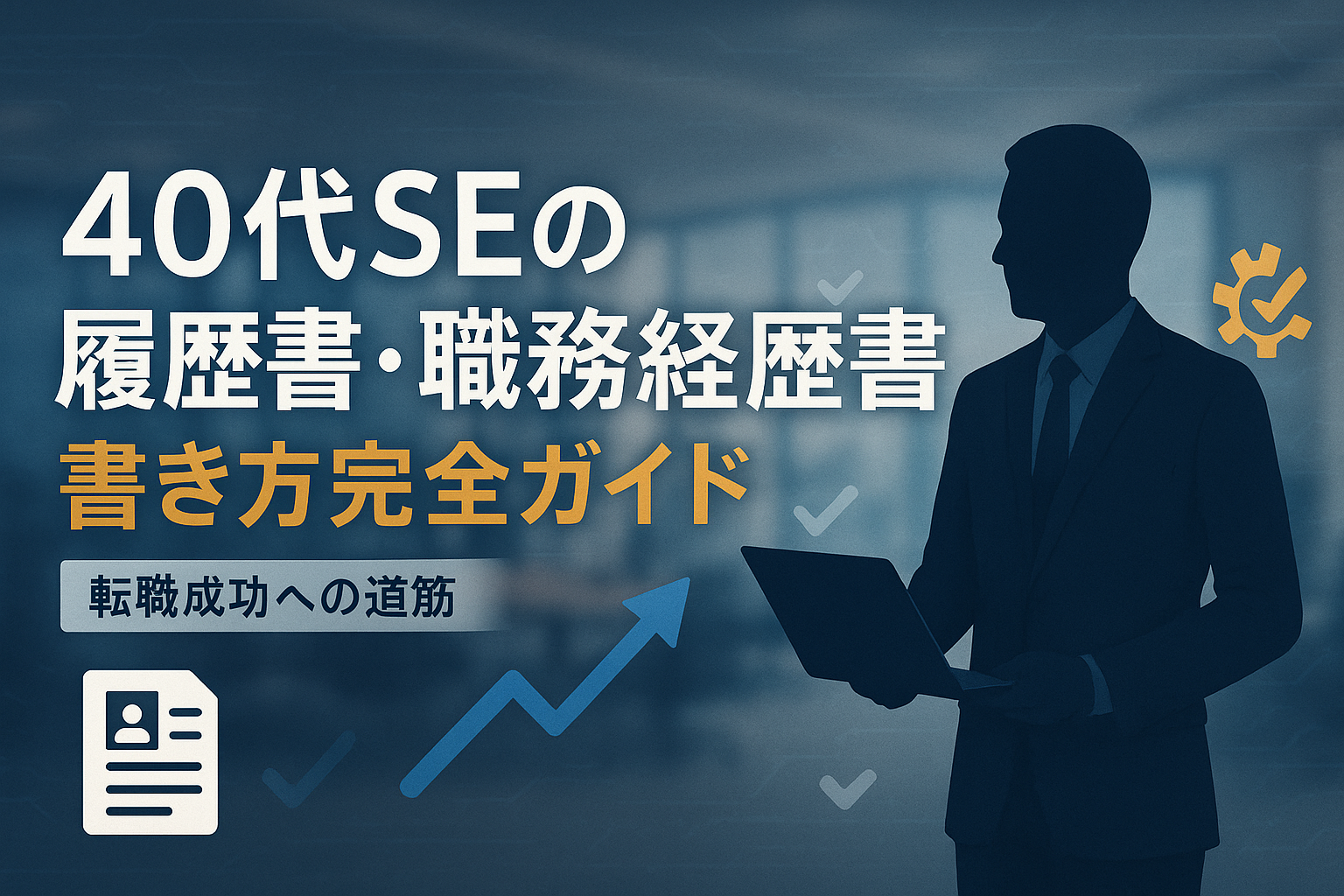 スーツ姿の40代男性SEのシルエットがノートパソコンを持ち、履歴書・職務経歴書に関する見出しが表示された画像。背景はぼかしたオフィス風景に回路やチェックマークなどが表示されている。