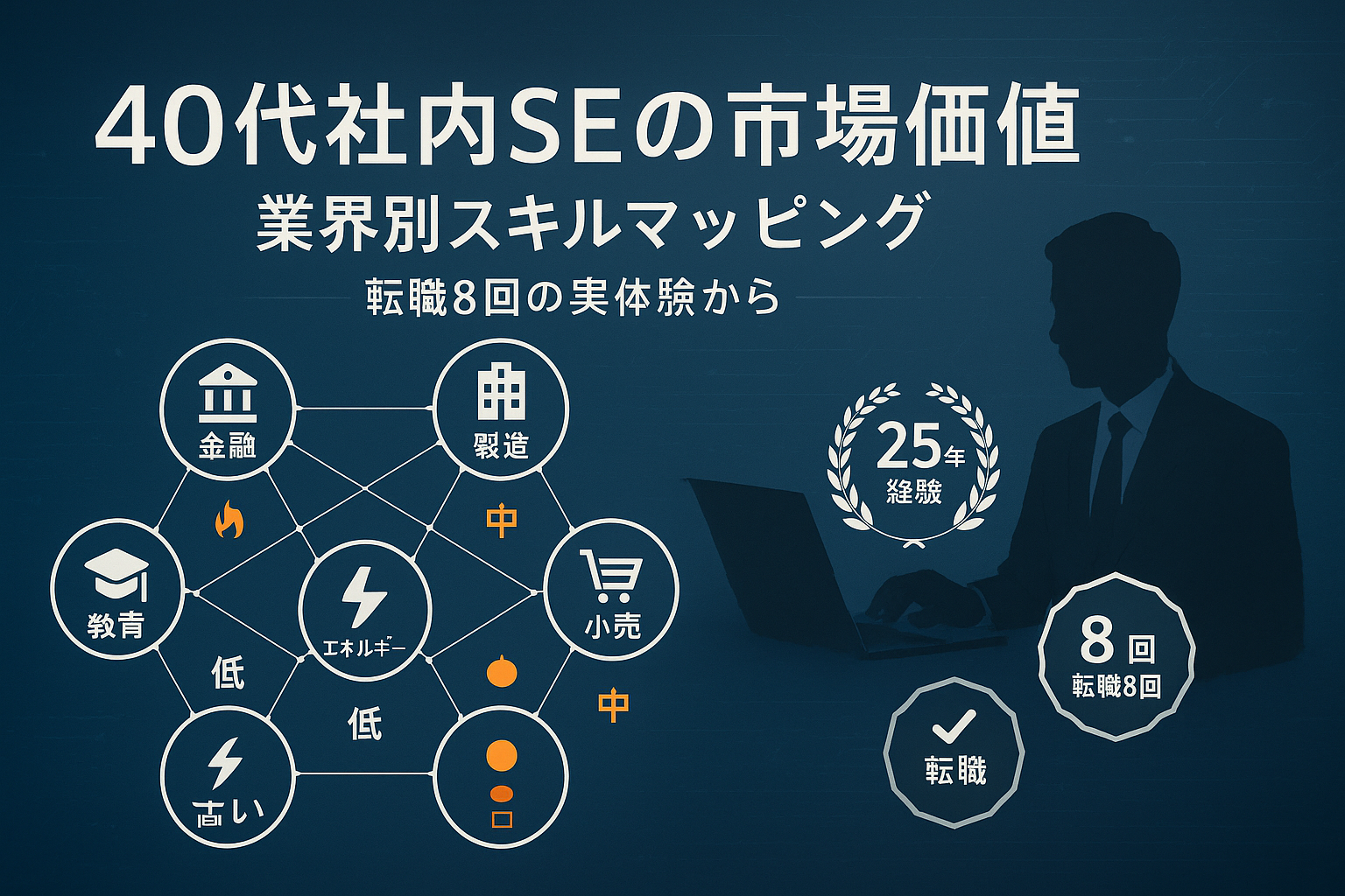 40代の社内SEの市場価値を業界別にスキルレベルでマッピングした日本語インフォグラフィック。金融、製造、医療、小売、エネルギー、教育の6業界を示し、それぞれに高・中・低のスキル評価アイコンが付いている。背景はダークブルーのグラデーションで、右側にスーツ姿のビジネスマンのシルエットと「25年経験」「転職8回」のバッジが描かれている。