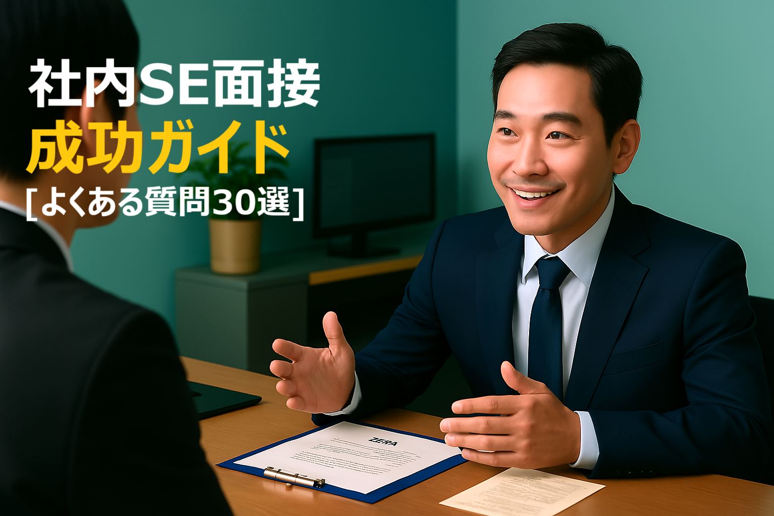 40代社内SE向け転職面接成功ガイドのアイキャッチ画像。よくある質問30選と模範回答を表現した面接対策ガイド