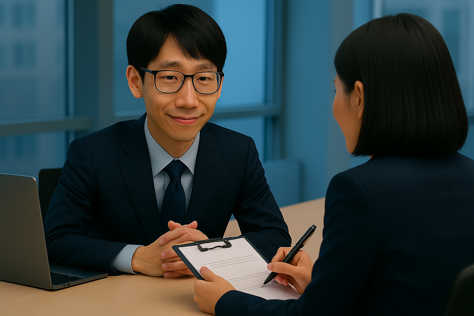 40代社内SE転職面接の成功戦略を表現するイメージ - 自信を持って面接に臨むプロフェッショナルなビジネスマンが会議室で面接官と対話している様子