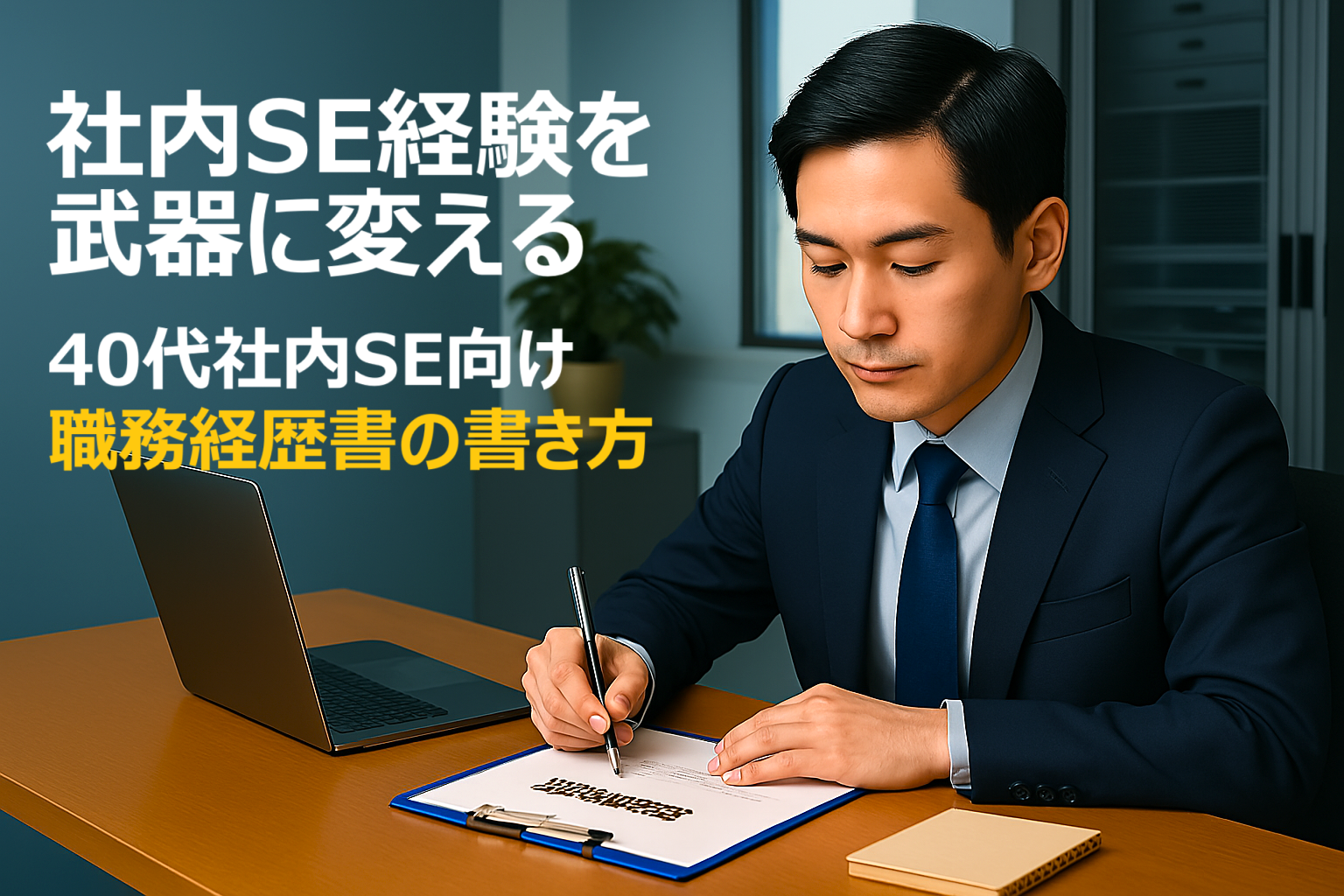 40代社内SE向け職務経歴書の書き方ガイドのアイキャッチ画像。転職成功のための実践的な方法を表現