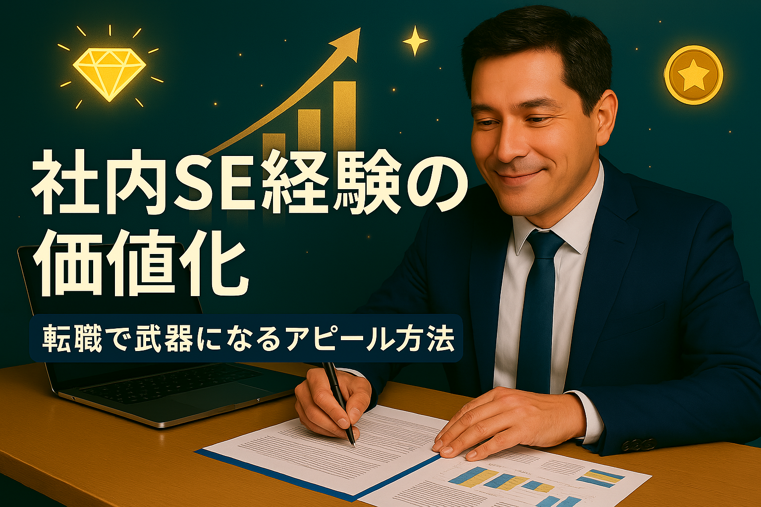 社内SE経験の価値化完全ガイドのアイキャッチ画像。転職で武器になるアピール方法と価値創造戦略を表現