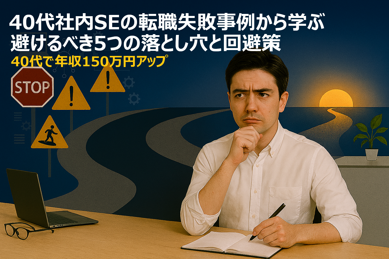 40代社内SEの転職で避けるべき失敗パターンを示すイラスト